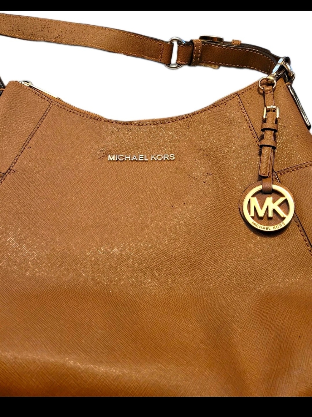 Michael Kors Brown Saffiano Leather Hobo Shoulder Bag Gold MK Charm